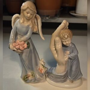 Roman Inc. In the Palm of My Hand Boy and Angel Girl Porcelain Figurines